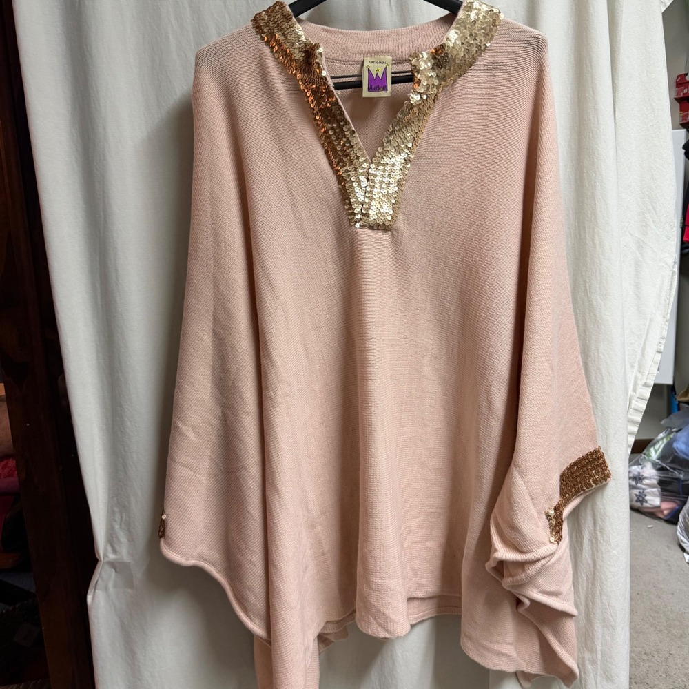Original Antthony Womens Pink Knit Poncho Gold Sequin Trim V-Neck Wrap OS